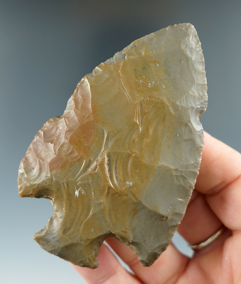 3 5/16" Snyders Hopewell made from heavily patinated Hornstone found in Indiana.