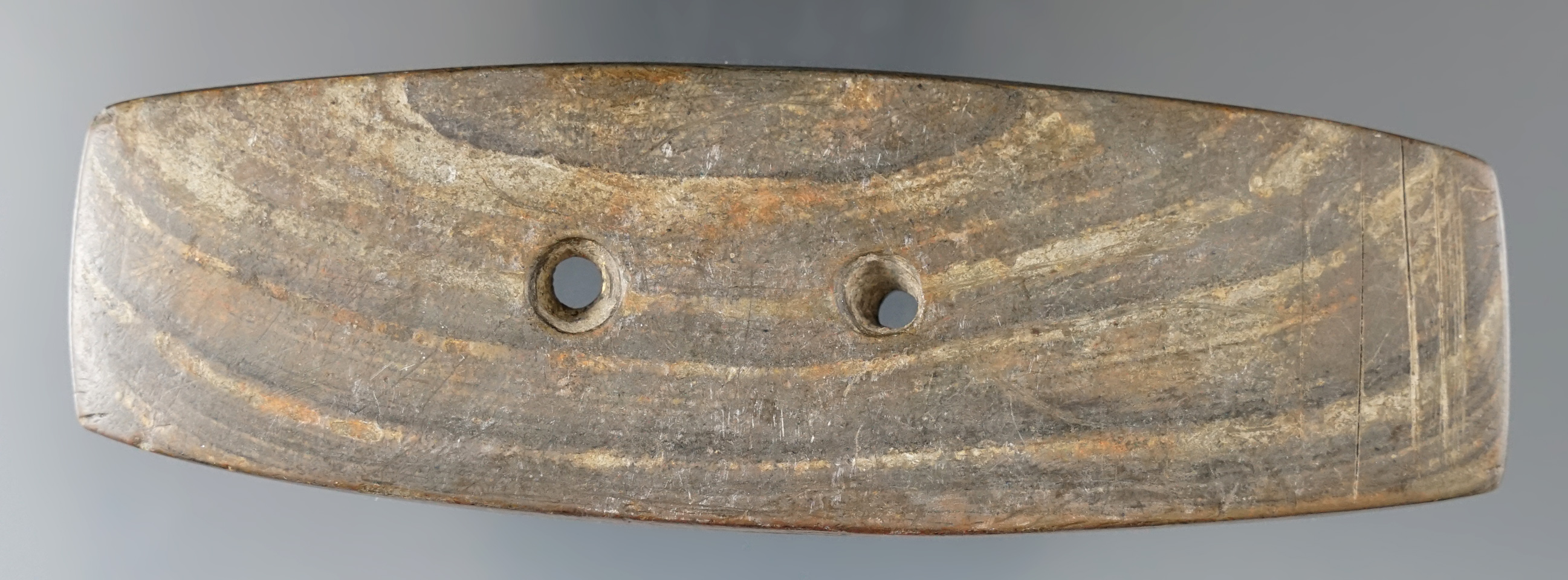 4 1/2" Rectangular Gorget with engravings on one side found in Darke Co., Ohio.