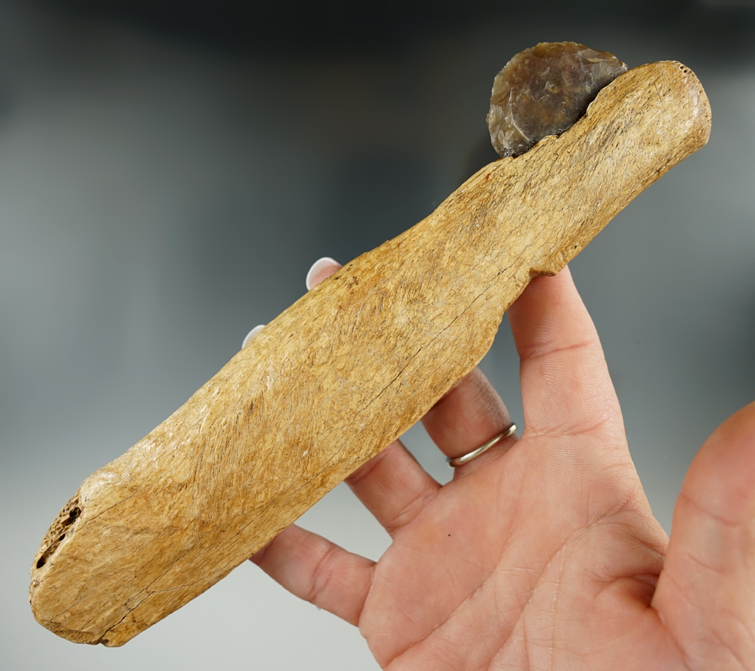 7 13/16" buffalo rib bone  handled Knife with a Knife River flint Blade found intact together