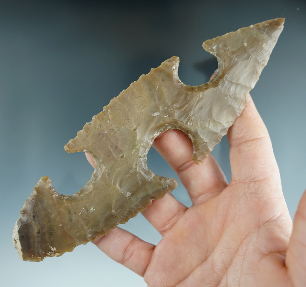 6 9/16" uniquely designed and well flaked Mayan eccentric found in Belize.