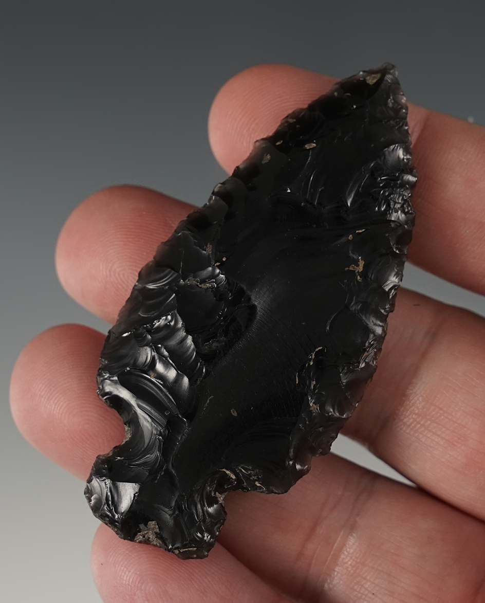 Nicely flaked 2 3/4" Obsidian point found in Lake Co., Oregon.