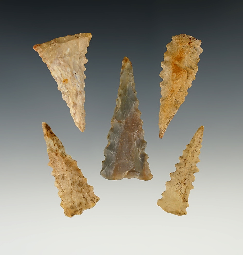 Set of 5 well serrated Ft. Ancient Trangle points found in the Kentucky/Tennessee area.