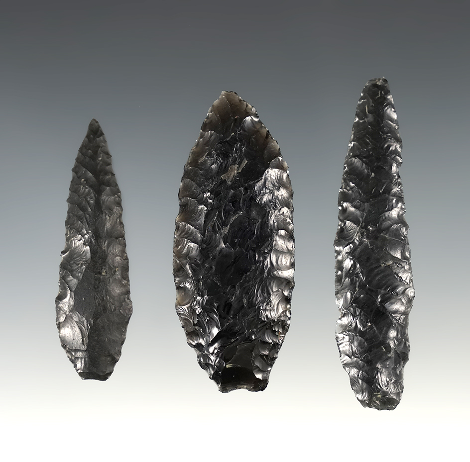 Set of 3 Nice Obsidian Blades found in Lake Co., Oregon. The largest is 2 11/16".
