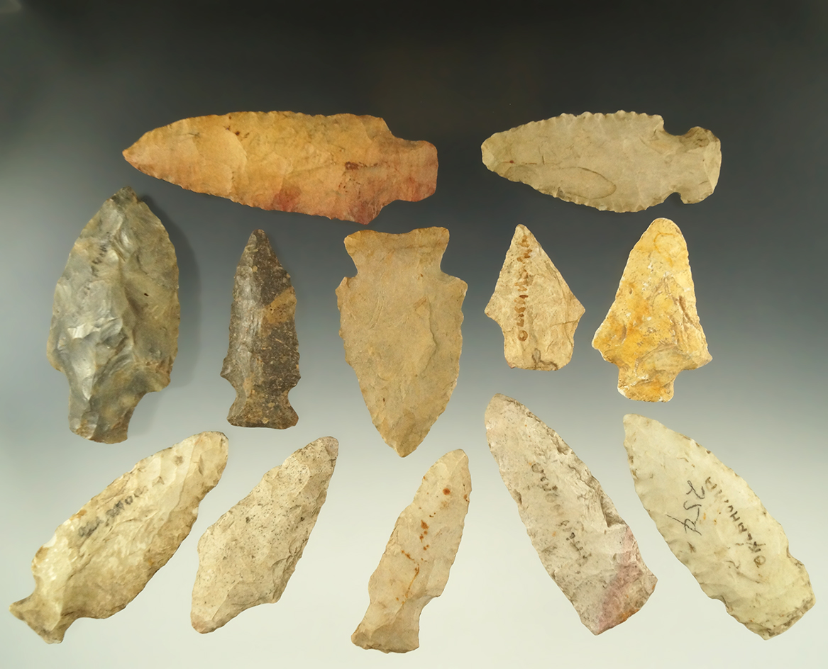 Set of 12 assorted Midwestern arrowheads, largest is 3 1/4".