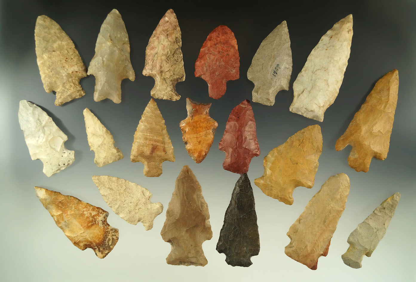 Group of 19 assorted arrowheads from various locations, largest is 2 3/4".