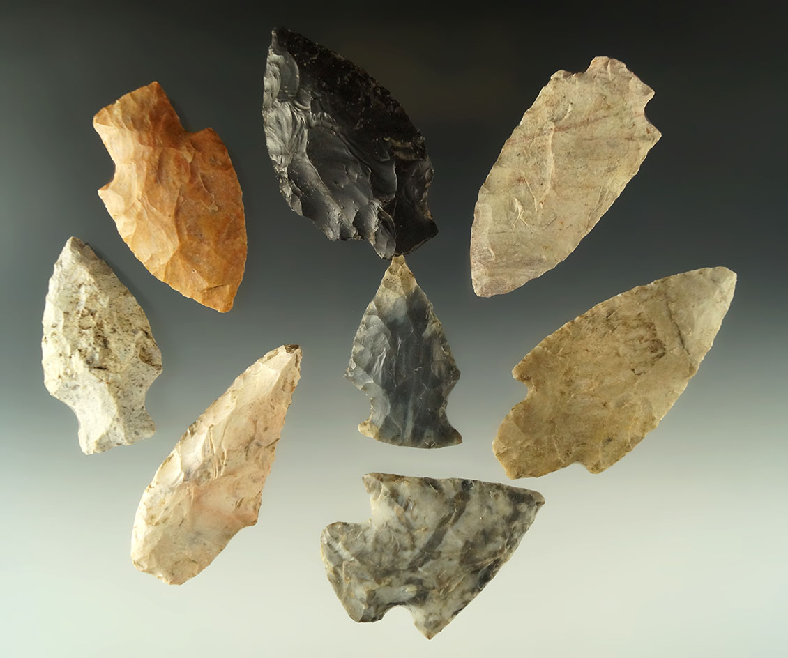 Group of Eight assorted Midwestern arrowheads in good condition, largest is 2 1/2".