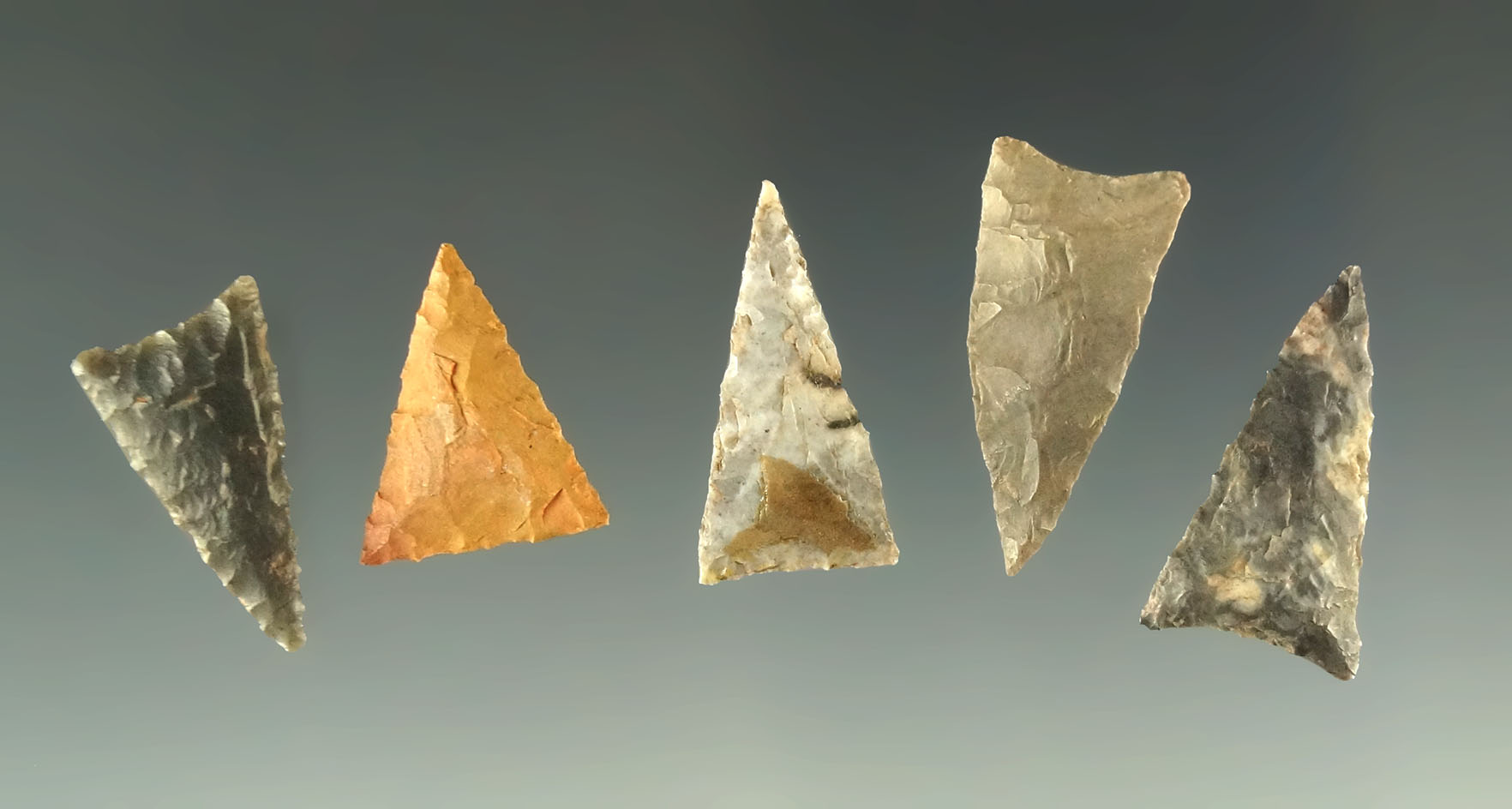 Ex. Museum! Set of five Fresno triangular arrowheads from the Charlie Shewey collection.
