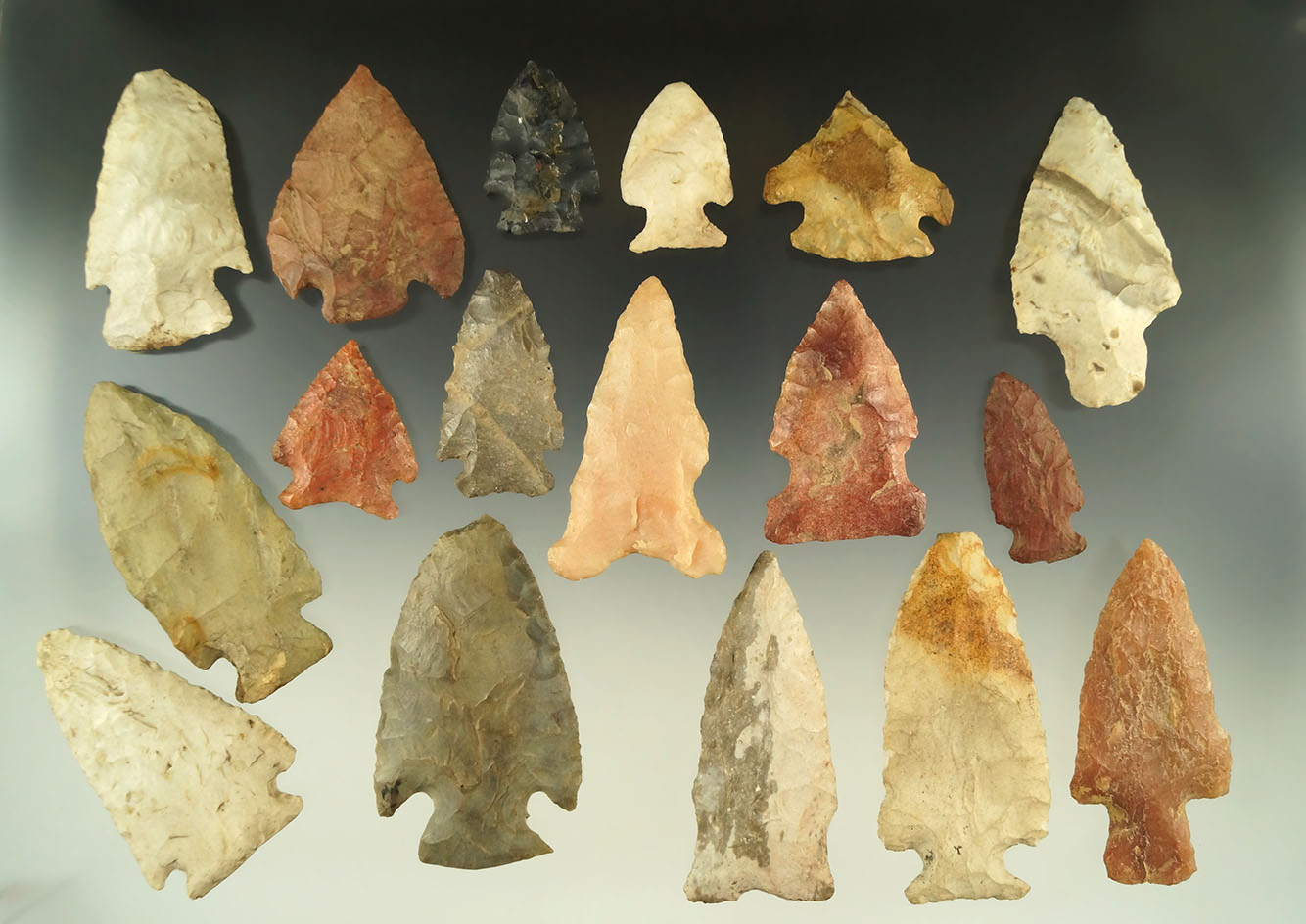 Set of 17 assorted Midwestern arrowheads, largest is 2 5/8".
