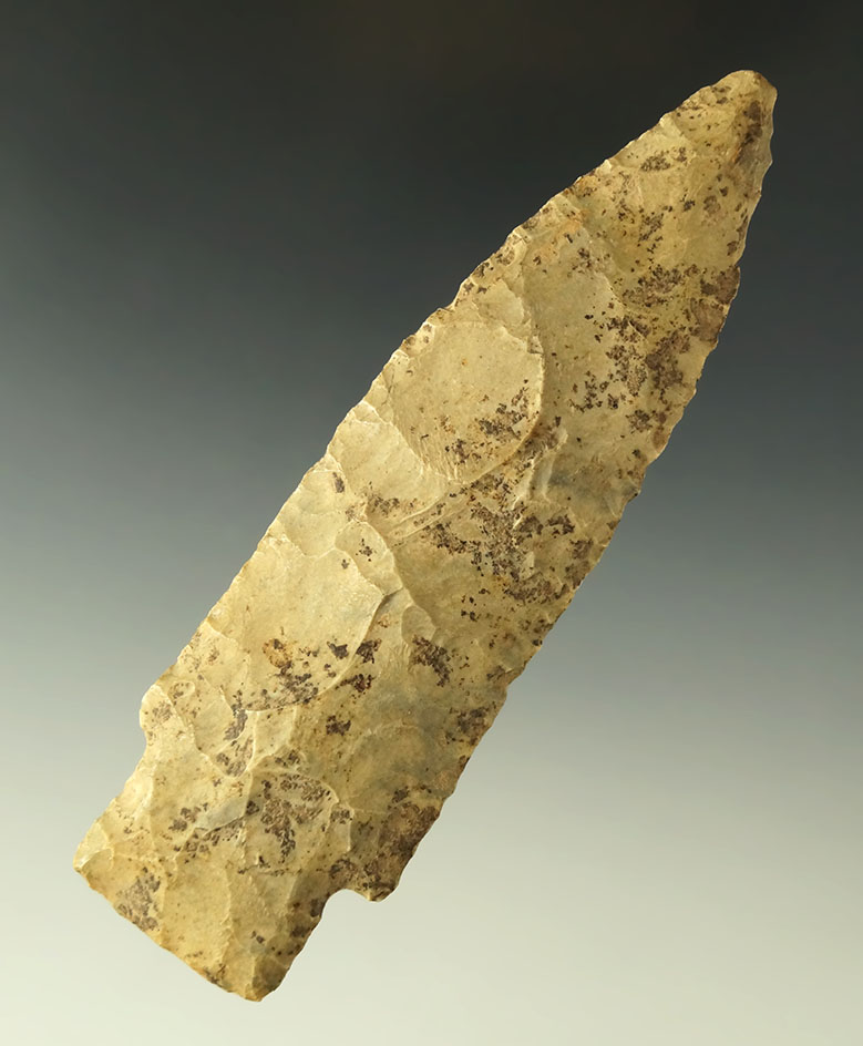 4 3/4" beautifully flaked Morhiss Knife found in East Texas. Comes with a Rogers COA.