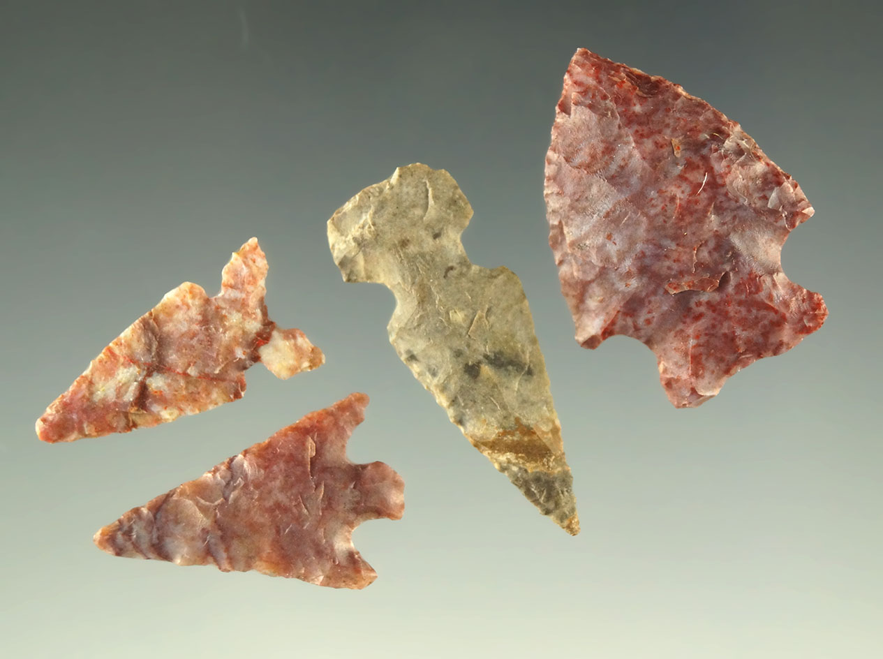 Set of four attractive points, three are beautiful red Alibates, all found in Texas.
