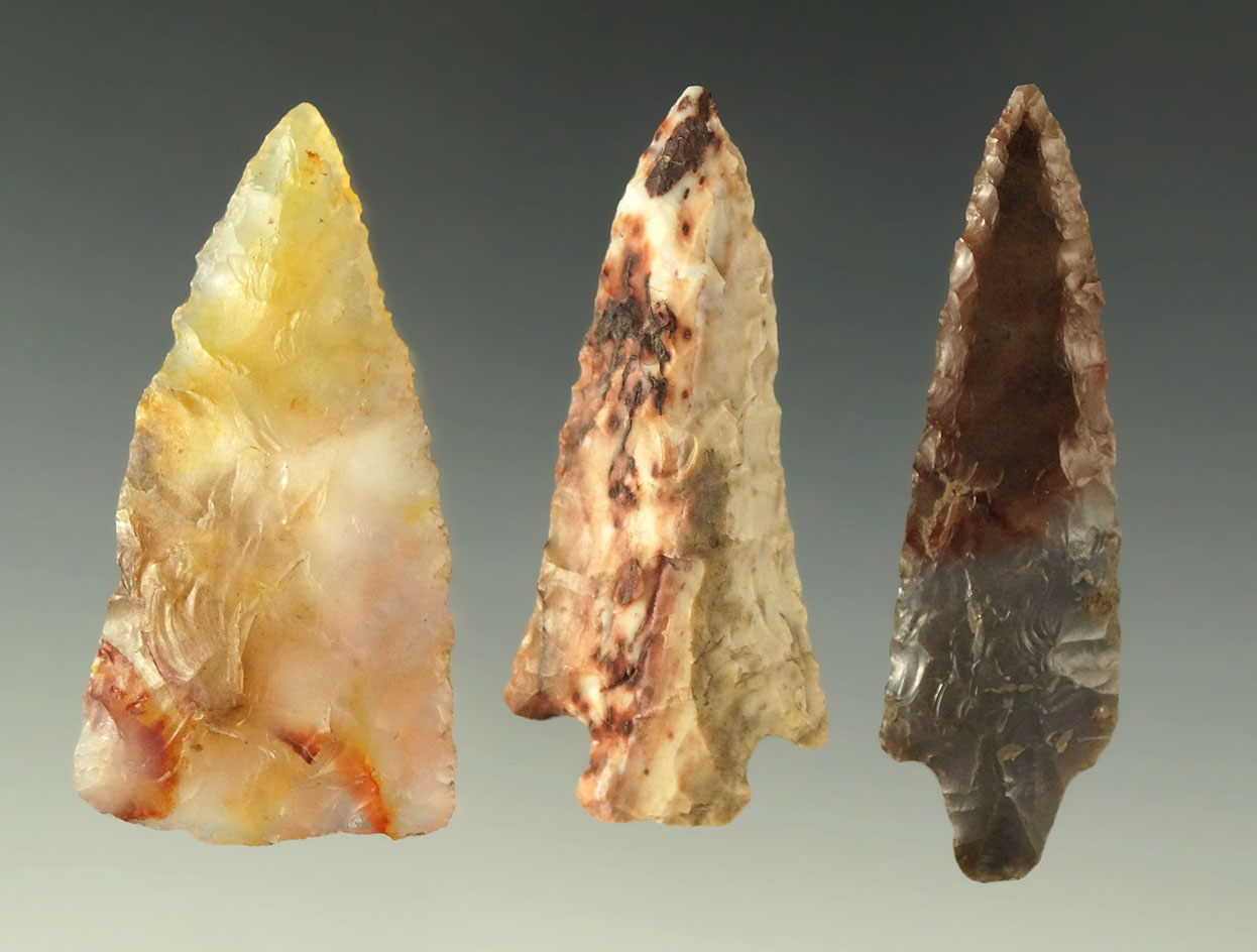 Set of three nice arrowheads found near the Columbia River in good condition, largest is 2 1/8".
