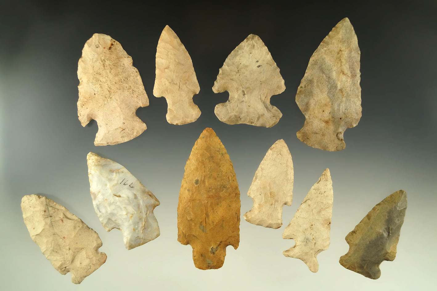 Set of 10 assorted arrowheads found in the Midwest, largest is 3".