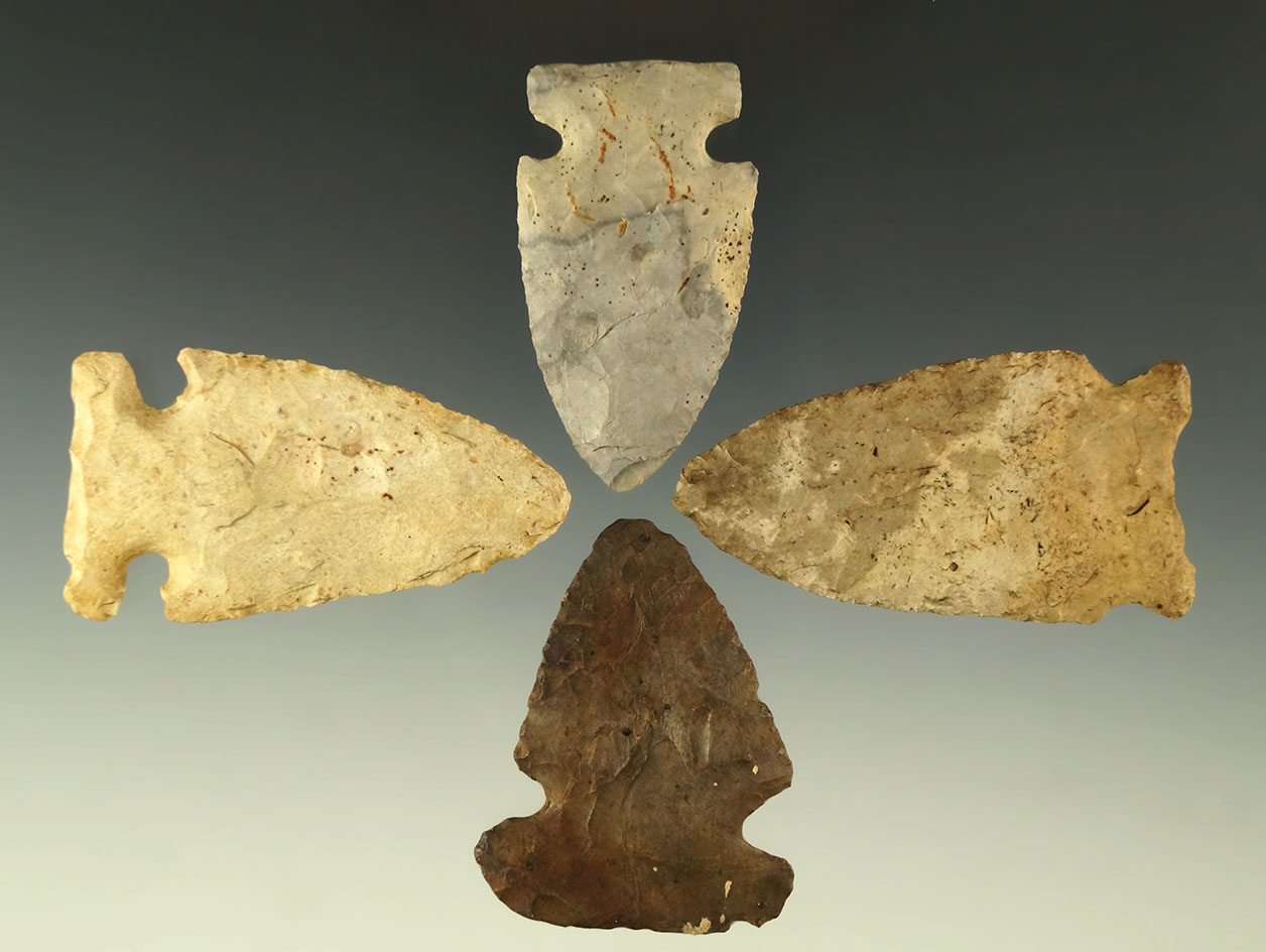 Set of four Ohio arrowheads, largest is 2 7/16".