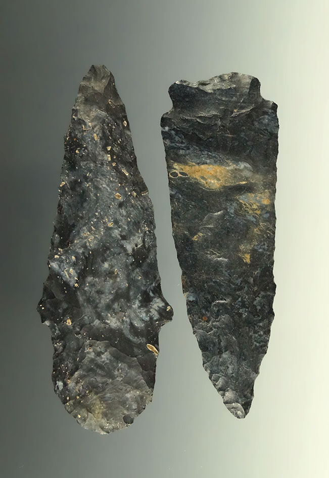 Pair of Coshocton Flint arrowheads that are nicely made found in Ohio. Largest is 3 5/16".