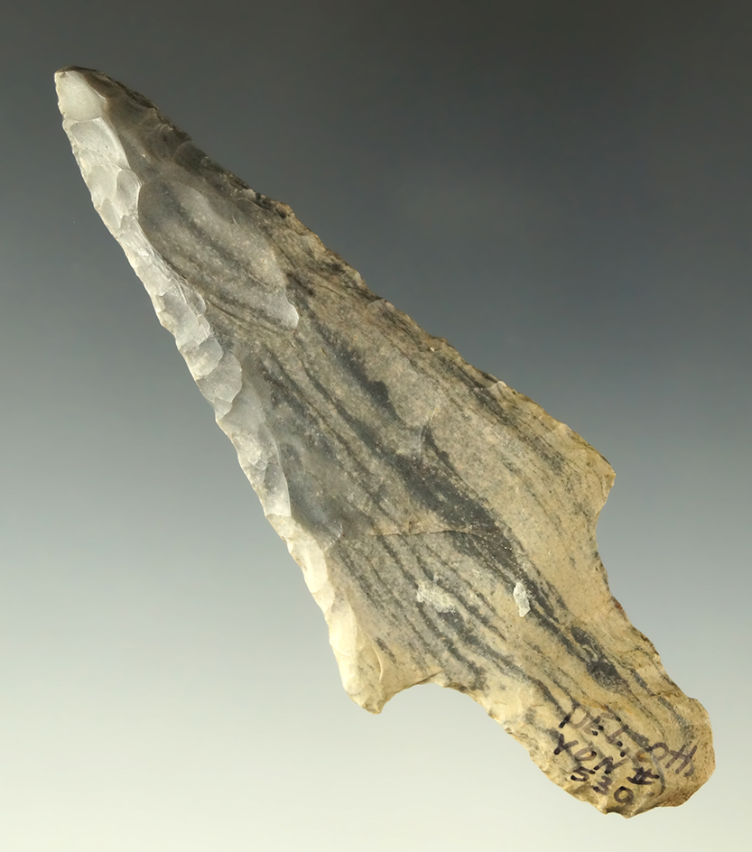 4 1/8" Adena found in Delaware County Ohio made from nicely banded Hornstone. Dickey COA.