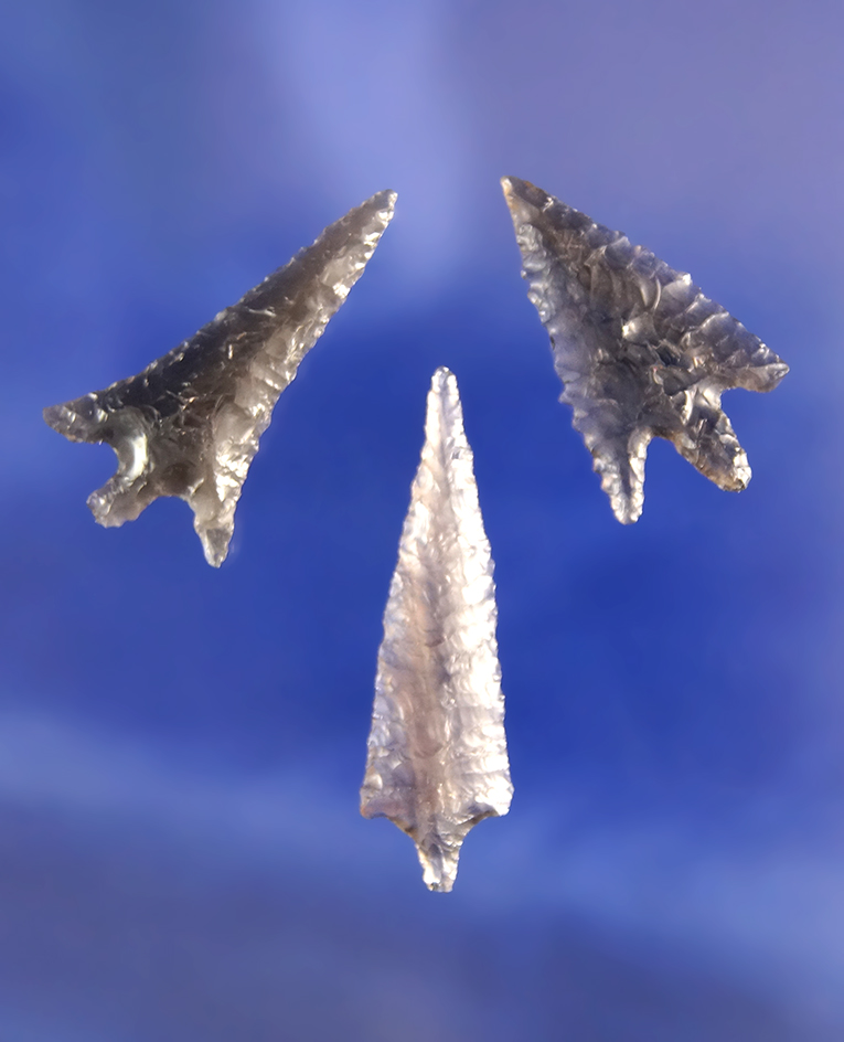 Set of three very nice Obsidian arrowheads found in Oregon, largest is 1 1/8".
