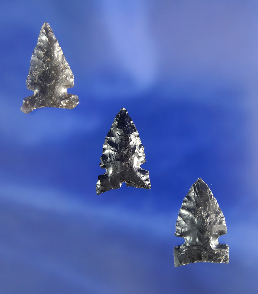 Set of three Desert Series Side Notch points made from Obsidian, all are around 13/16" long.
