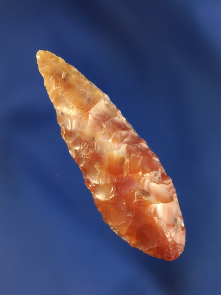 Beautifully colored material on this 1 7/8" colorful Leaf Point  found near The Dalles, Oregon.