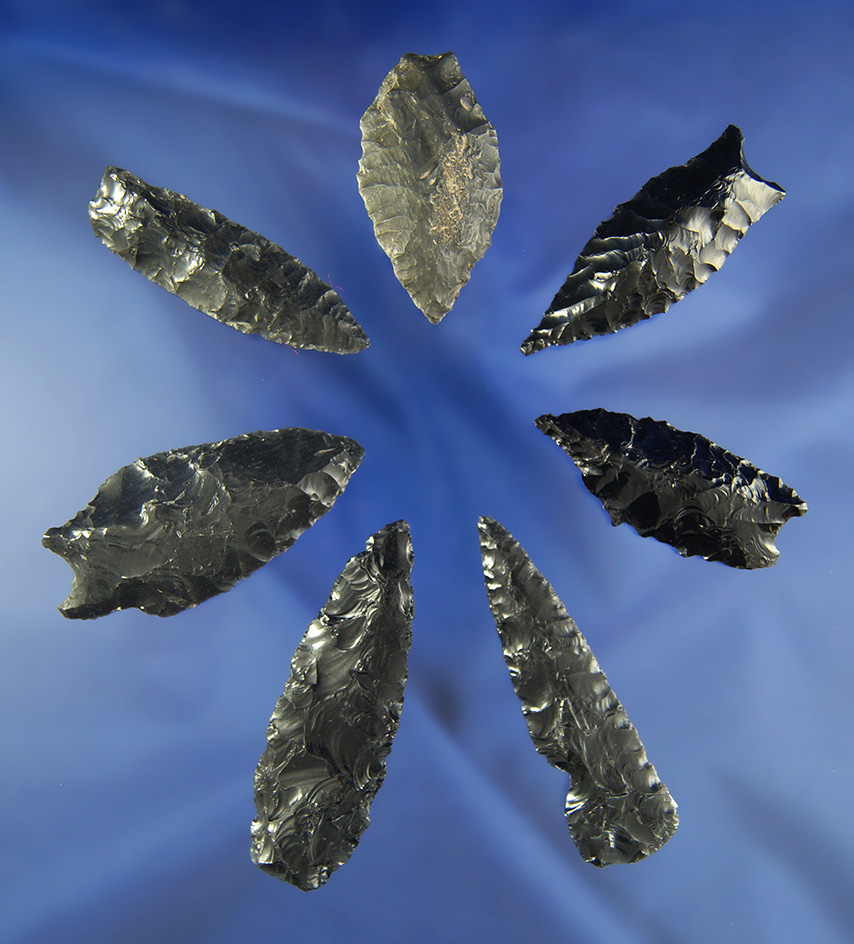 Set of seven assorted Obsidian arrowheads found in the Great Basin Region, largest is 2 1/4".