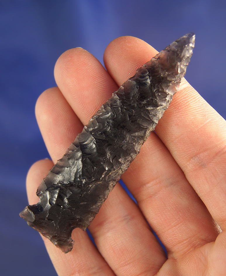 Exceptional flaking and style on this well patinated 3" Obsidian Sidenotch found near Fort Rock, OR.