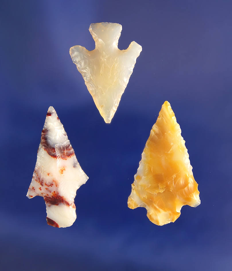 Set of three colorful Columbia River arrowheads, largest is 1 1/8". Wishram area of the Columbia Riv