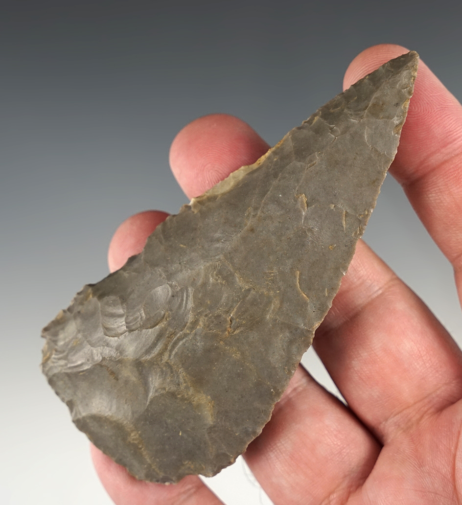 Well patinated 4" Beveled Knife found in Kentucky. Made from Hornstone.