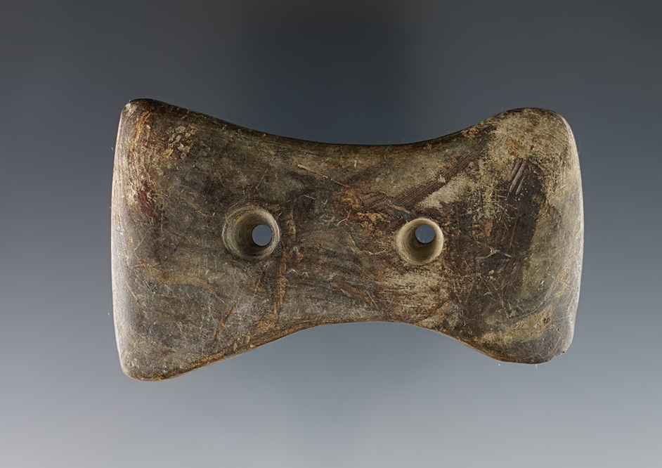 Nice 3 3/16" Bi-Concave Gorget found in Ohio. Shows nice minerals and age on surface.