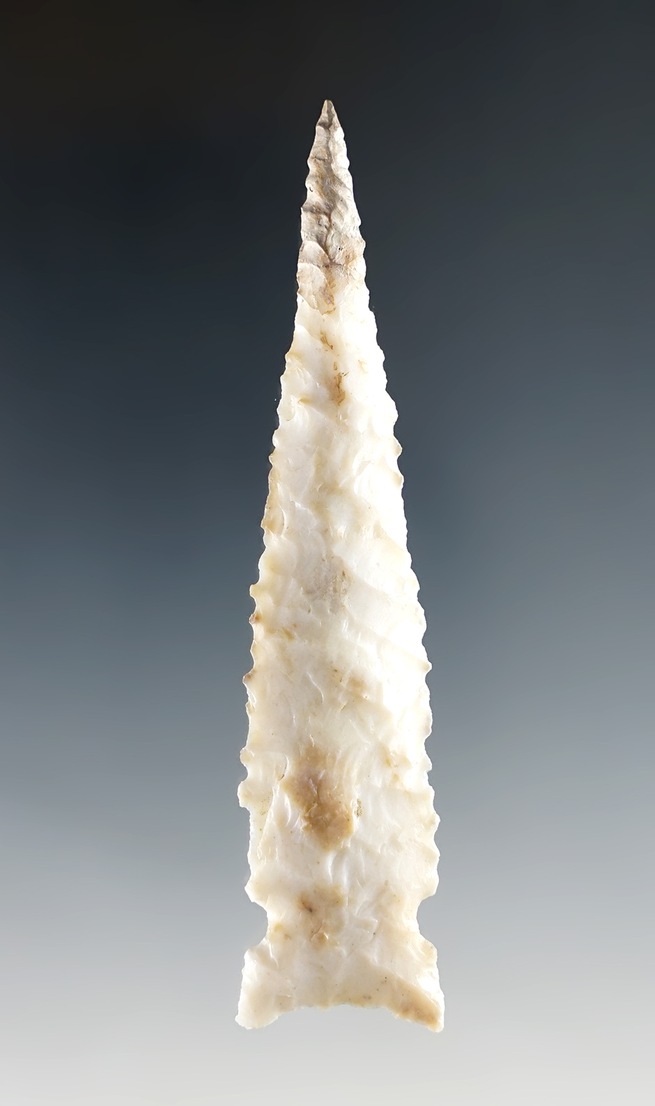 Truly exceptional flaking on this 3 7/16" Northern Side Notch with restoration to 3/4" of tip