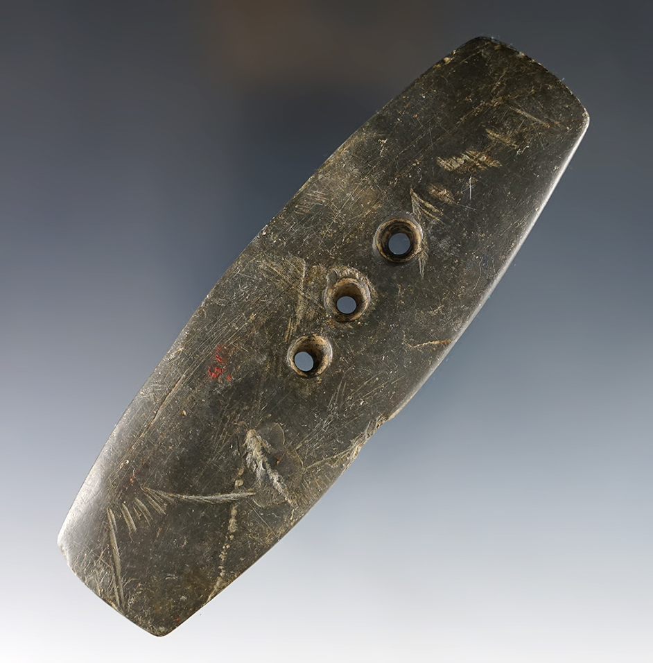 Rare 4 3/4" well patinated 3-Hole Gorget found in Ohio. Shows excellent age on the surface.