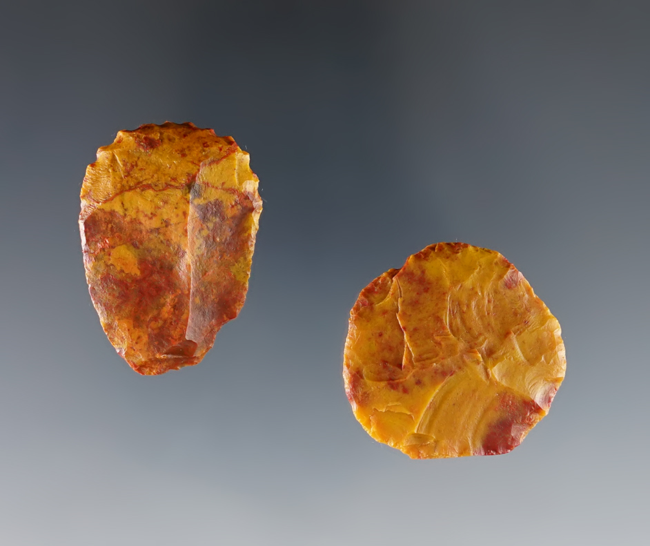 Pair of colorful tools including a Flint Disk and a Thumbscraper. Four Corners area of the U.S. 