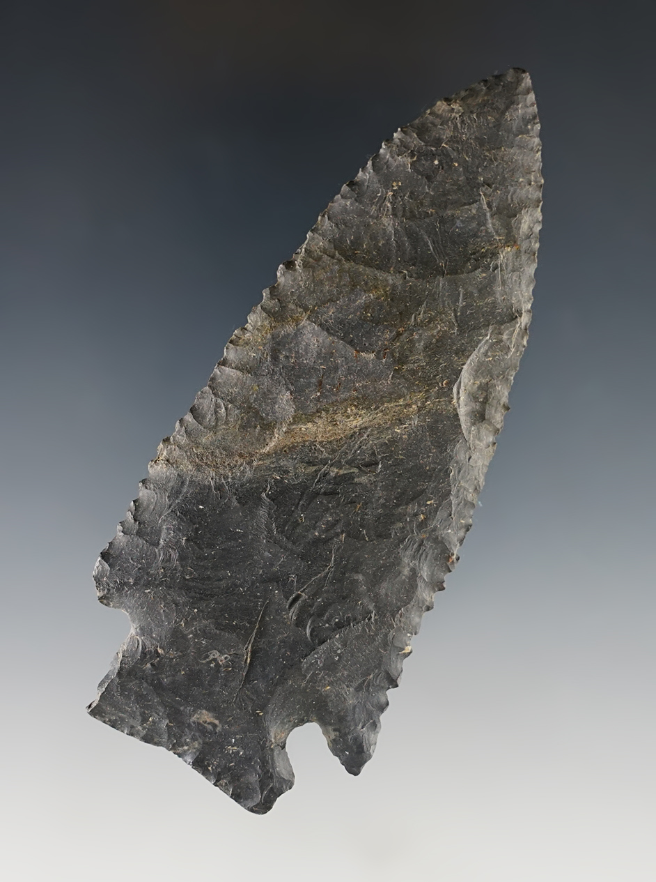 Exceptional flaking and fine serrations on this 3 7/8" Ohio Archaic Cornernotch. Bennett COA.