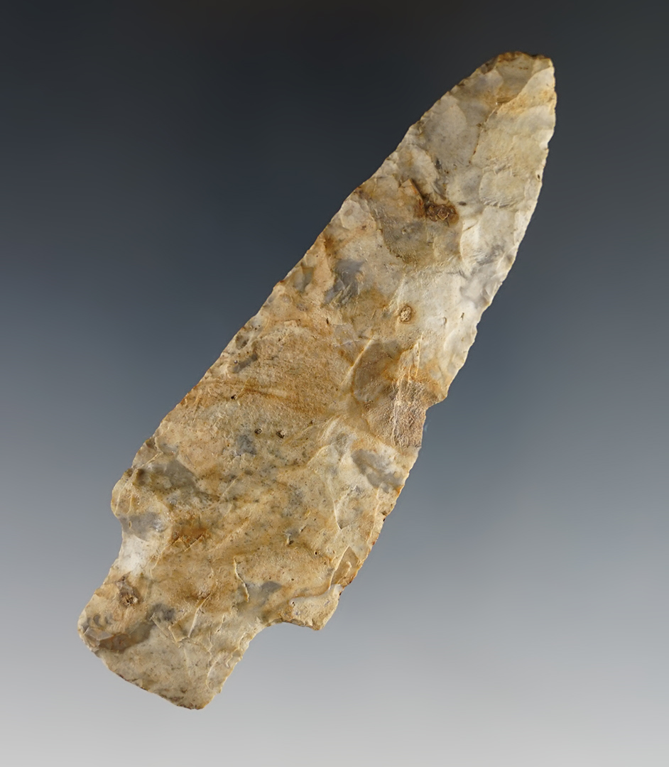 Well made 3 5/8" Adena. Old tag reads "Ora found this arrowhead in the Moorhead garden".