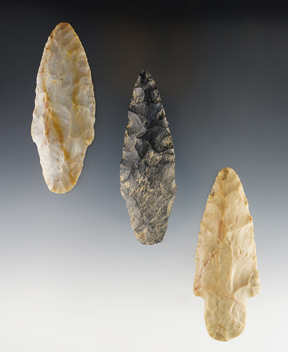 Set of 3 well made Ohio Adena points found in Pickaway and Tuscarawas Co. 