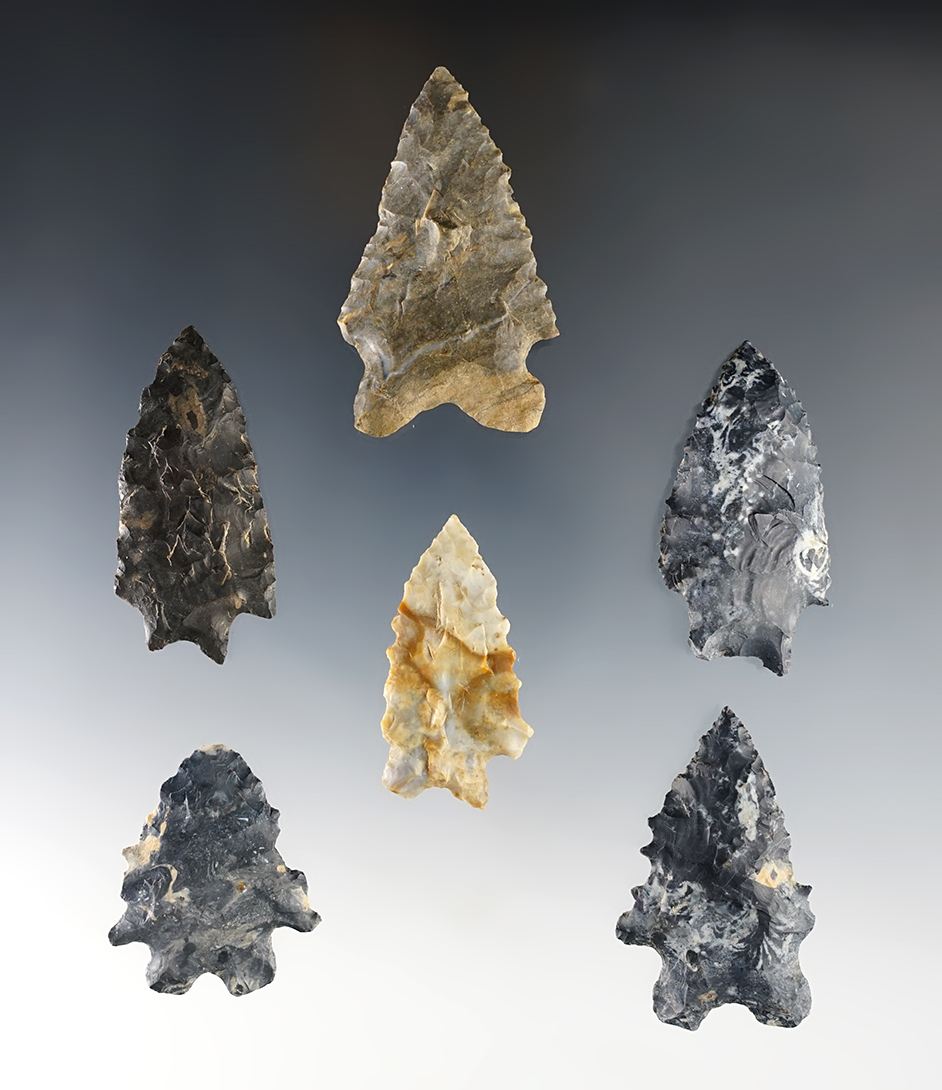 Set of 6 well made Archaic Bifurcates found in Ohio. All are in excellent condition.