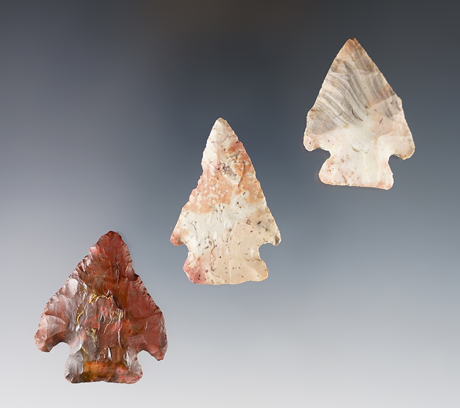 Set of 3 highly colorful Pentagonal points made from Flint Ridge Nethers Flint. Ohio.