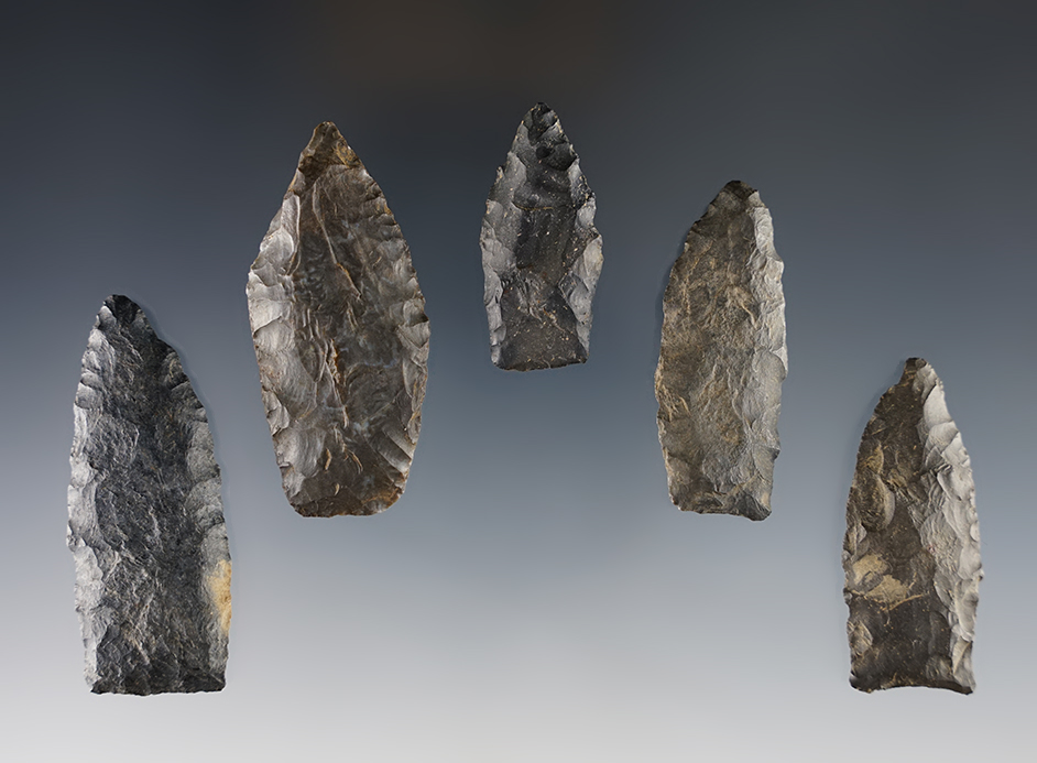Set of 5 Paleo Lanceolates found in Summit and Stark Co., Ohio. Bennett COA.