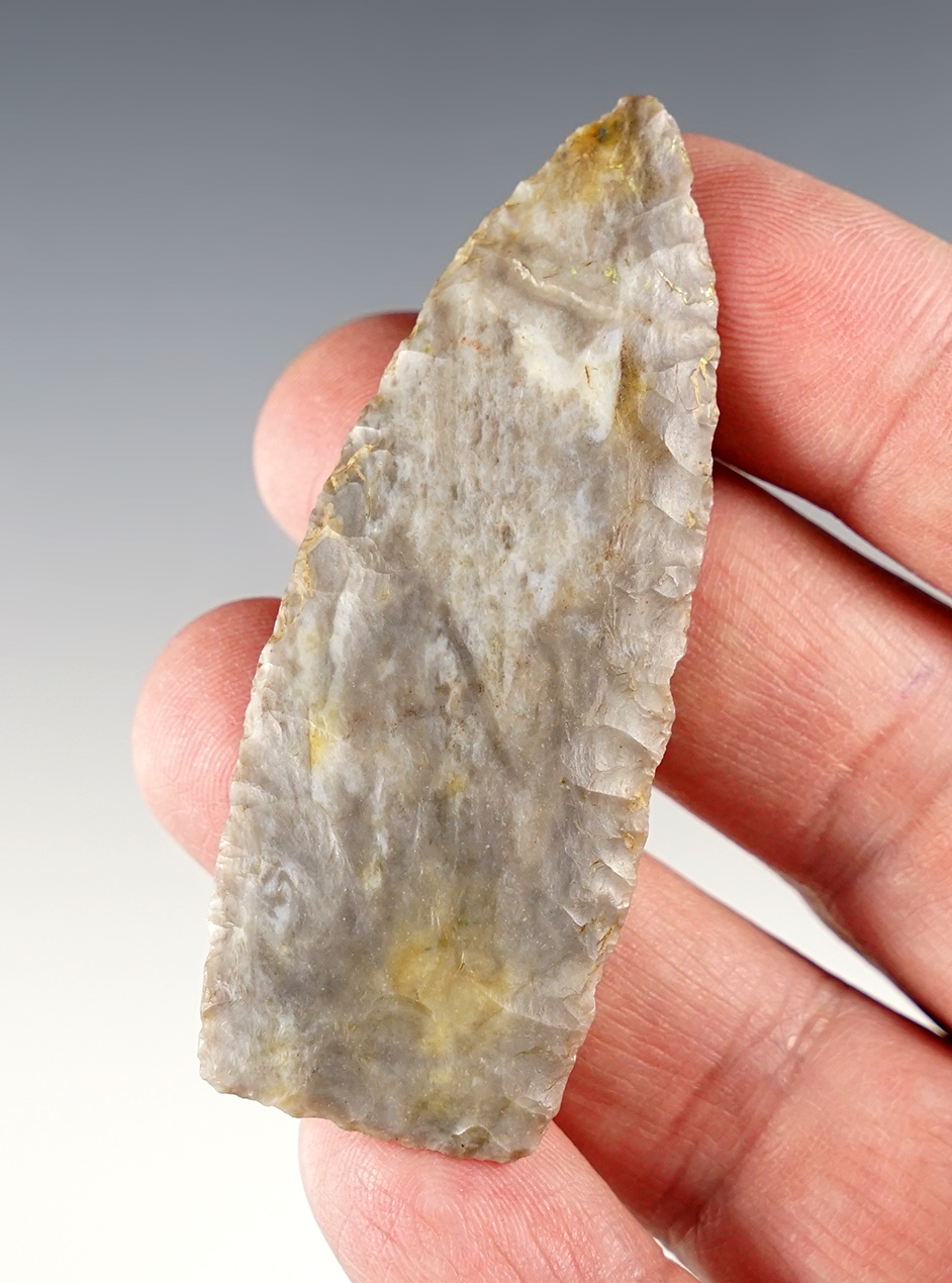 2 11/16" Paleo Lanceolate made from mottled Coshocton Gray Flint. Richland Co., Ohio.