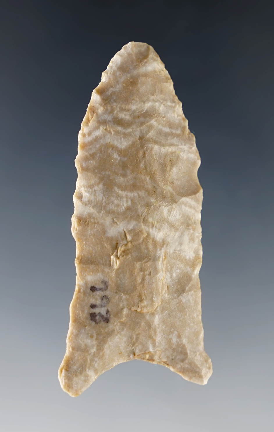 2 1/8" Late Paleo Quad with some grinding around the basal area. Crab Orchard Chert. 