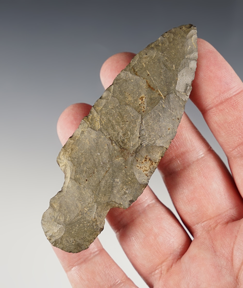 3 13/16" Adena made from patinated Nellie Chert. Medina Co., Ohio. Ex. Grimm. Bennett COA.