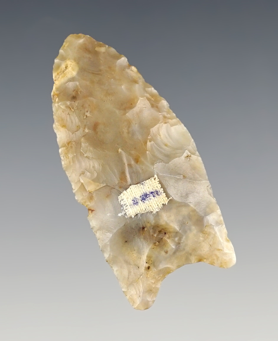 2 1/8" Flint Ridge Chalcedony Paleo Clovis with nice mottling. Found in Richland Co., Ohio.
