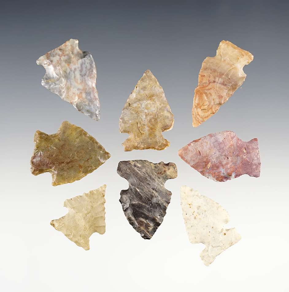 Set of 8 Ohio Archaic points made from a nice variety of materials. The largest is 1 7/16".