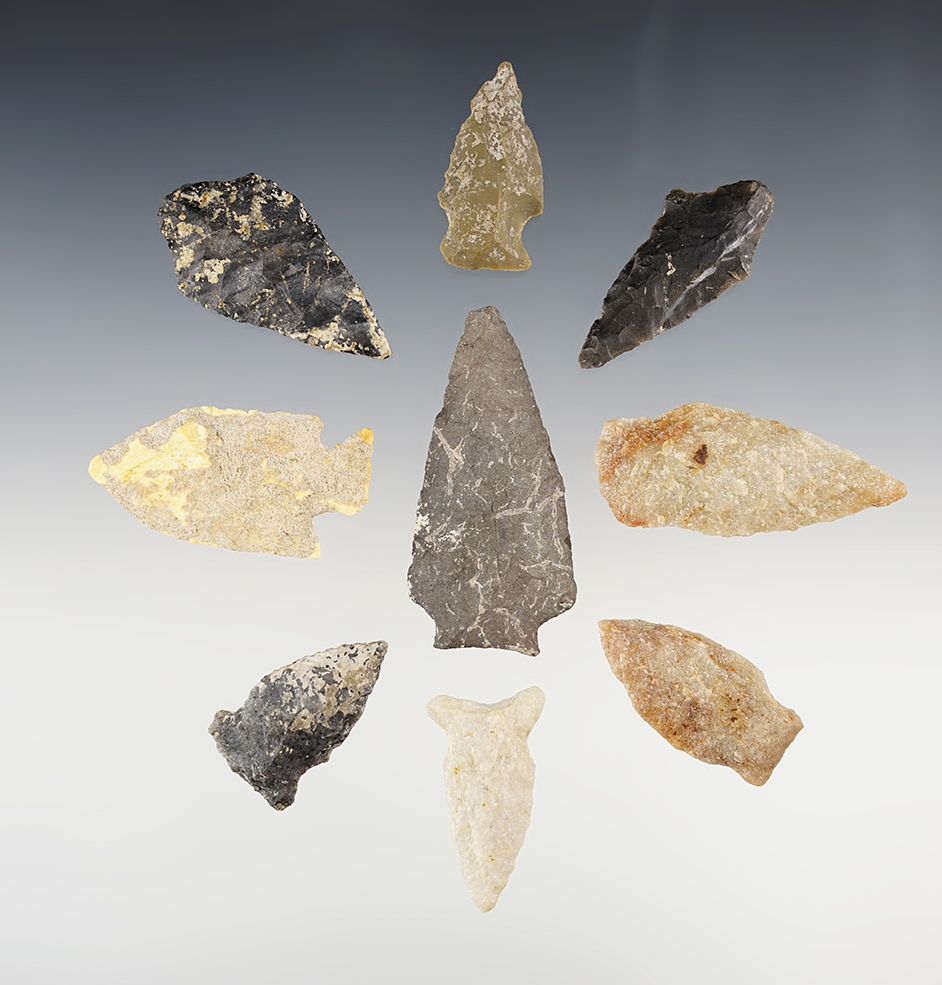 Set of 9 nicely made points found in the Eastern U.S. The largest is 2 5/16".
