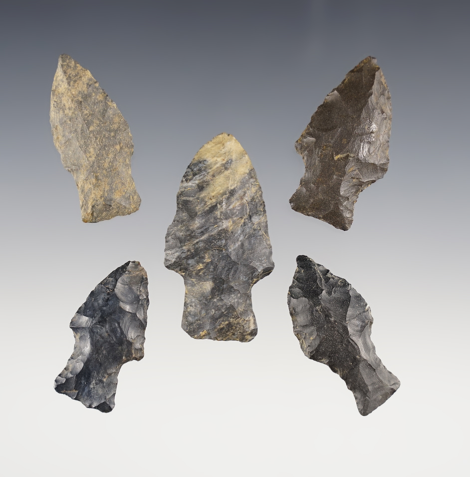 Set of 5 rare Paleo Kaiser points found in Muskingum & Coshocton Co., Ohio. 