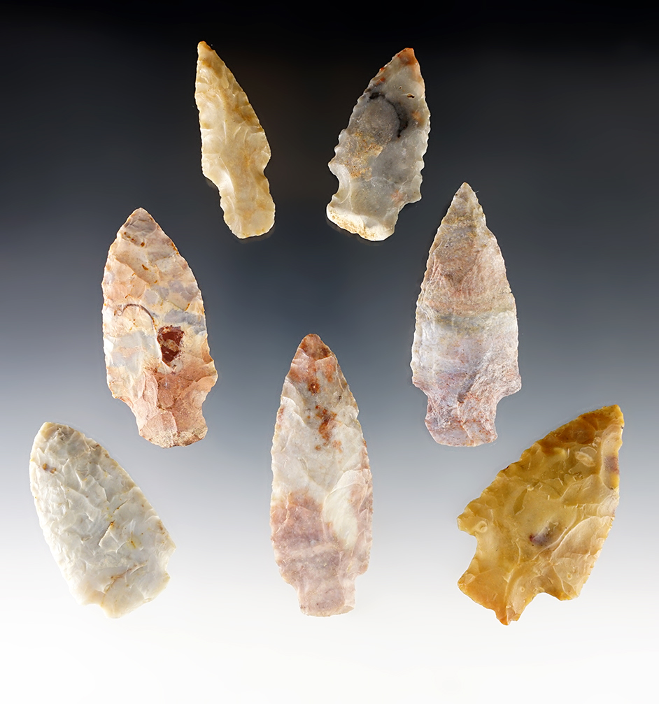 Set of 7 highly colorful Woodland points made from Flint Ridge Flint. All are from Ohio. 