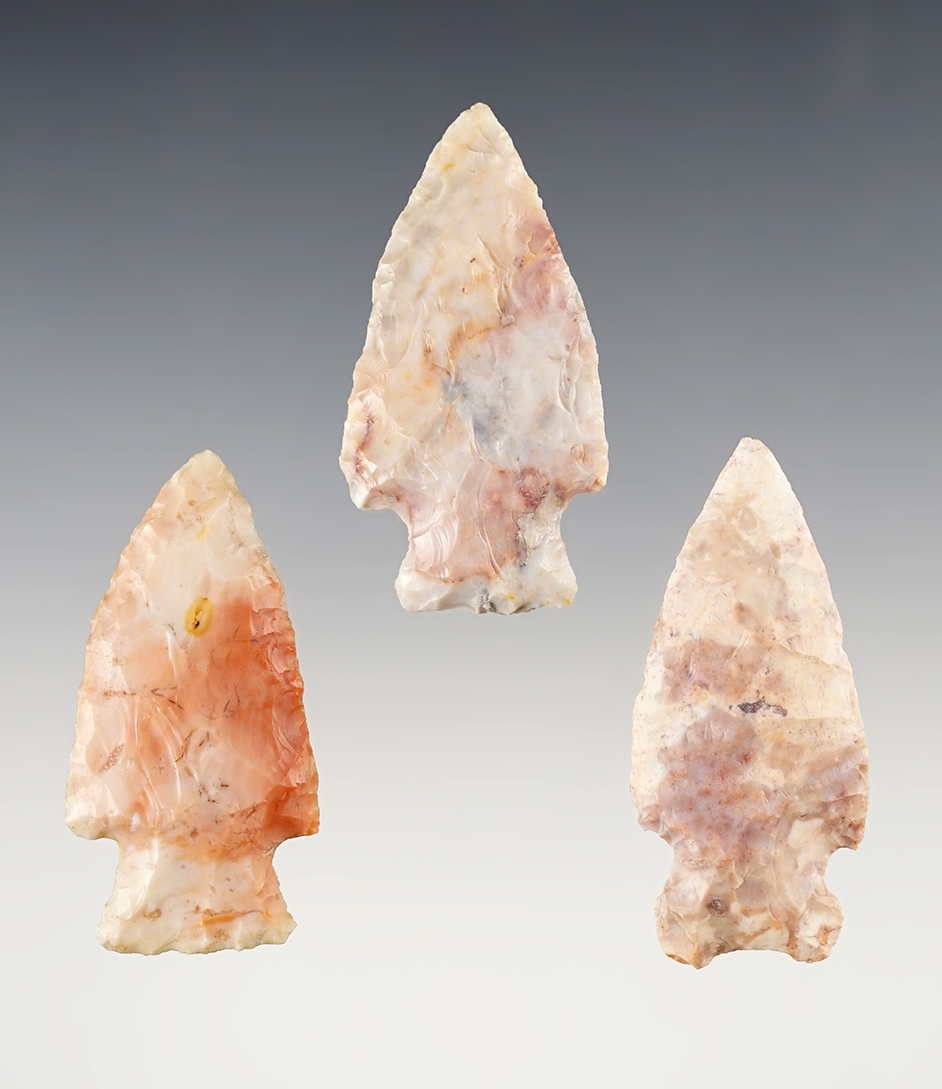Set of 3 colorful Archaic Side Notched Dart points - Ohio. All are Flint Ride Flint. Bennett COA.