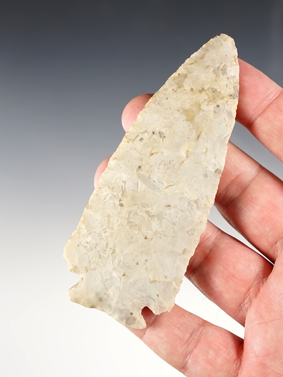 Well made 4 3/16" Decatur Fracture-Base found in Ohio. Made from Flint Ridge Flint.  Bennett COA.