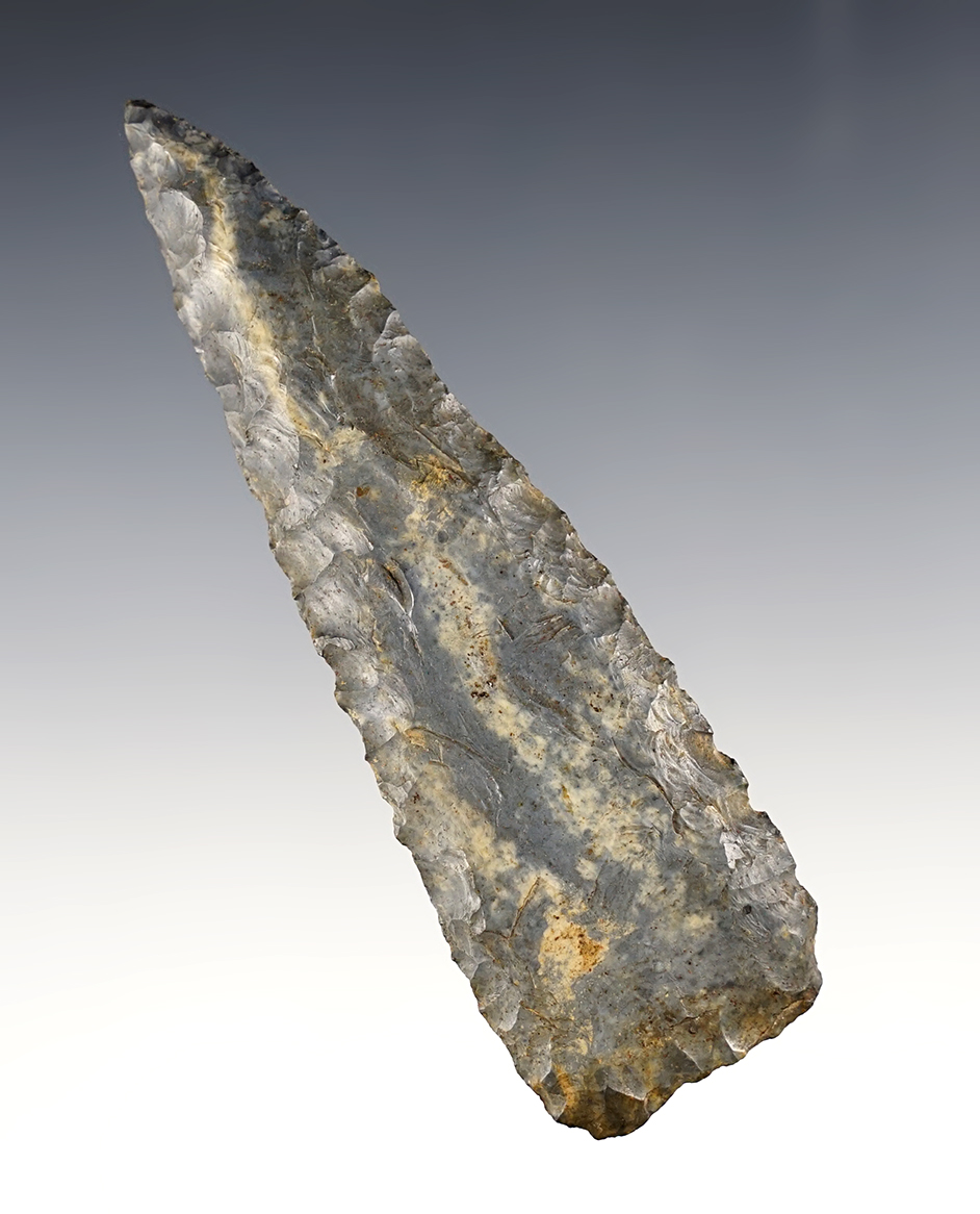 Deeply patinated 4 5/16" Triangular Knife found in Ohio. Made from Coshocton Flint. Ex. Wehrle.