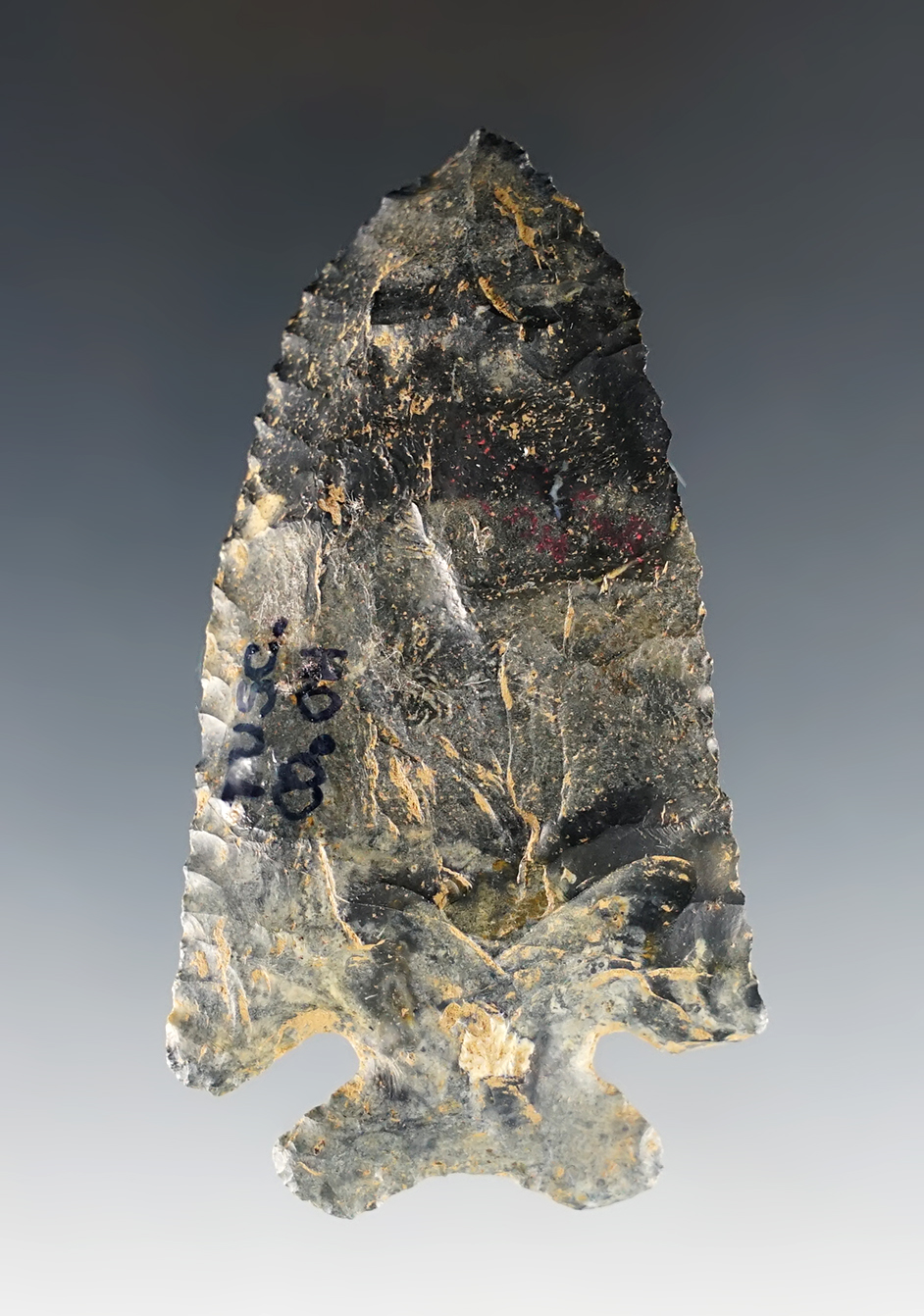 3 1/8" classic Archaic Thebes that is steeply beveled with a nice twist. Great patina and form.  Ohio.