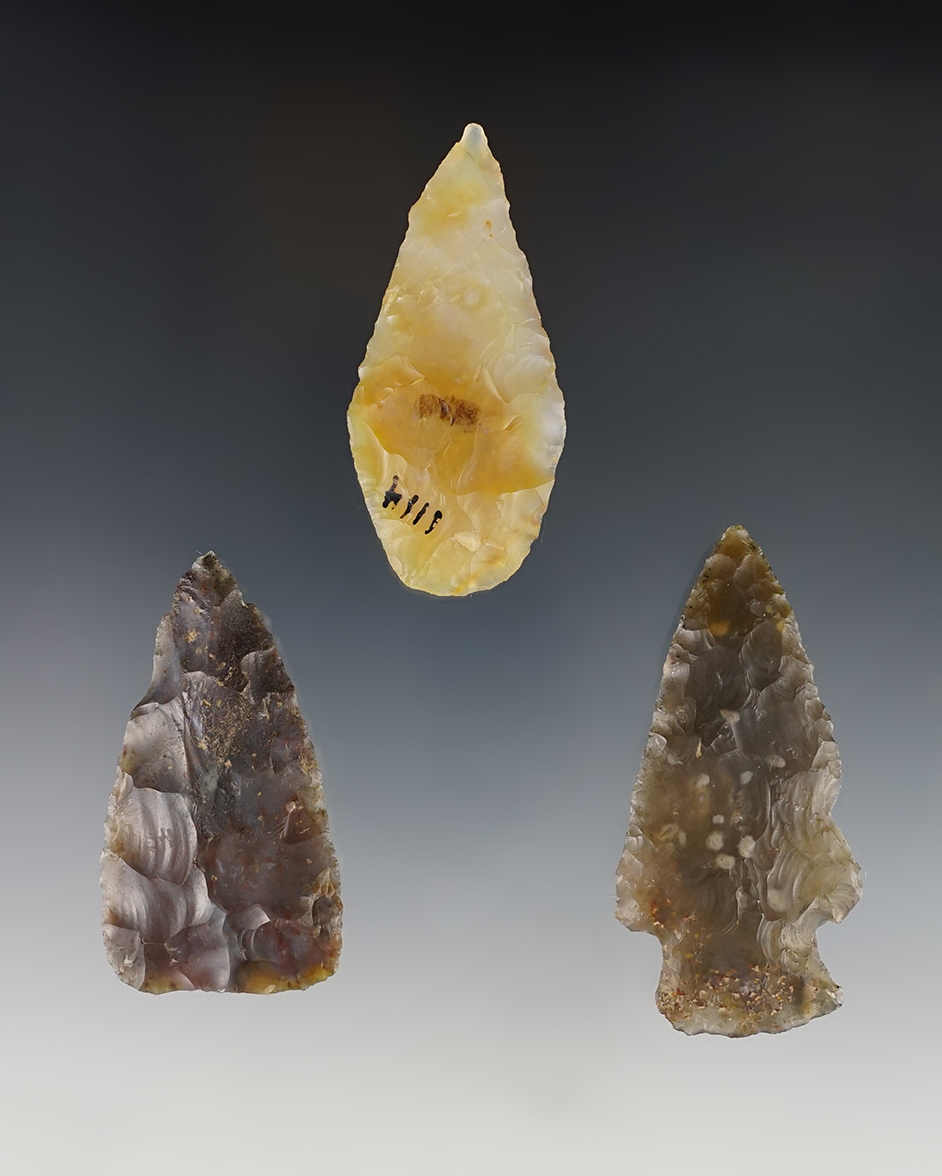 Set of 3 nice Hopewell points and Blades made from translucent Flint Ridge Flint. 