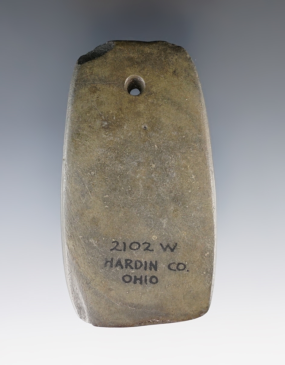 3 1/16" Hopewell Trapezoidal Pendant made from Mottled Slate. Found in Hardin Co., Ohio. Ex. Wehrle.